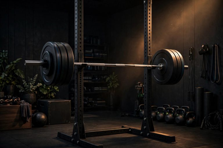 Olympic barbell loaded with plates on a rack in a home gym