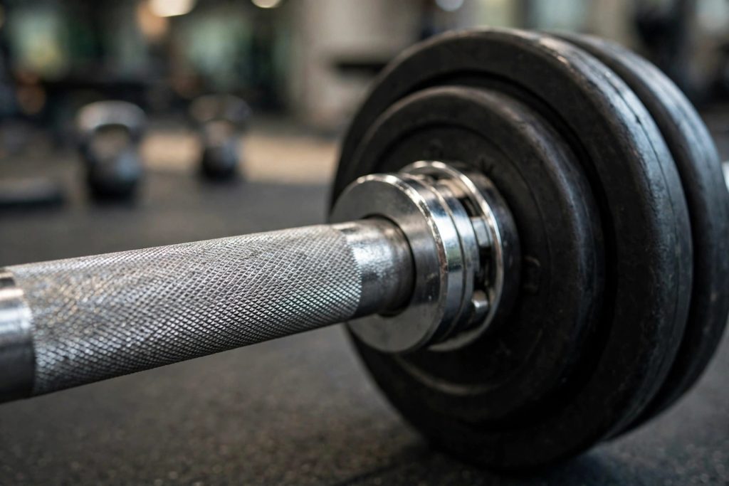 Close-up of an Olympic barbell knurled grip and sleeve