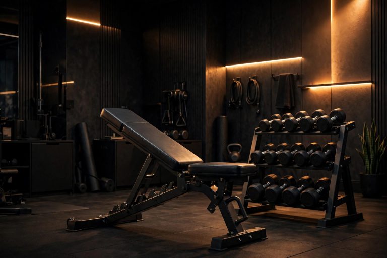 Adjustable weight bench in a modern home gym