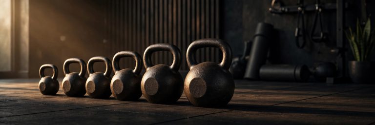 Cast iron kettlebells lined up in a home gym