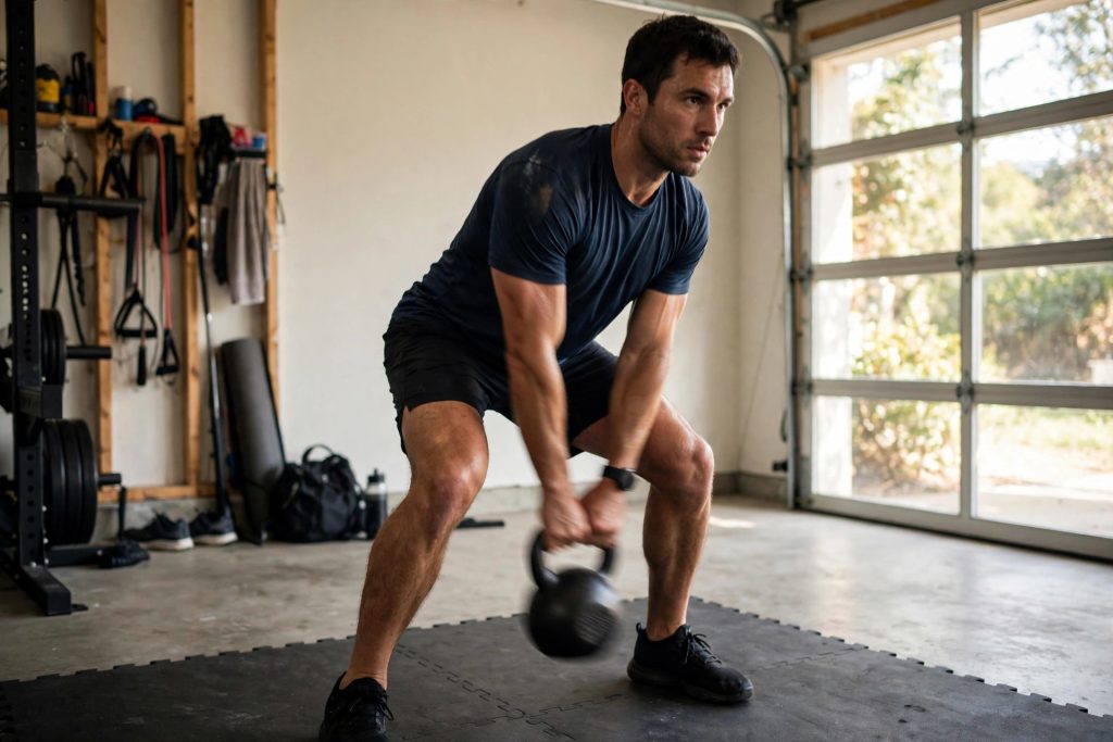 Athlete performing a kettlebell swing