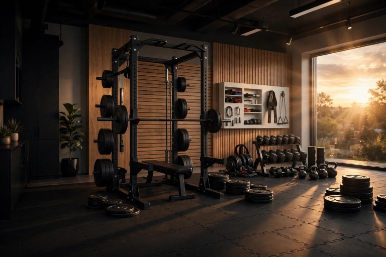 Home gym with black rubber floor tiles