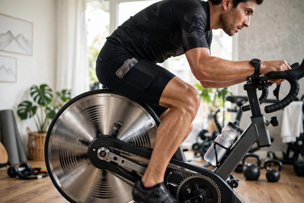 Cyclist pedaling a spin bike in a home gym