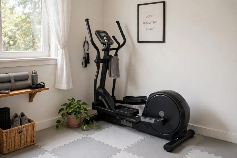 Compact elliptical machine in a small home gym