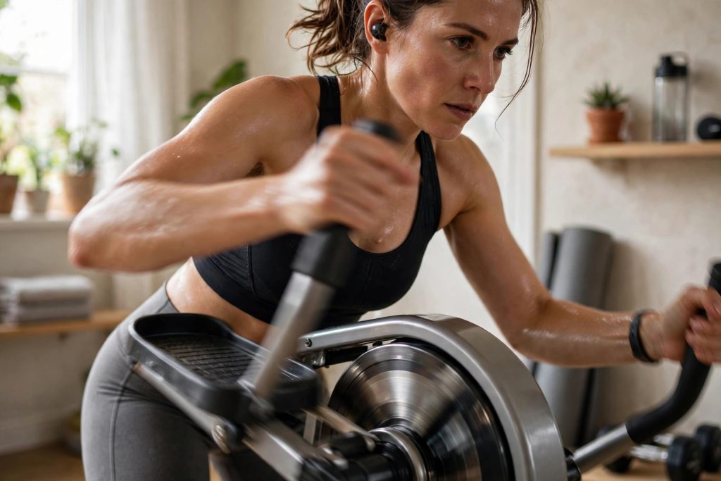 Person exercising on a compact elliptical machine