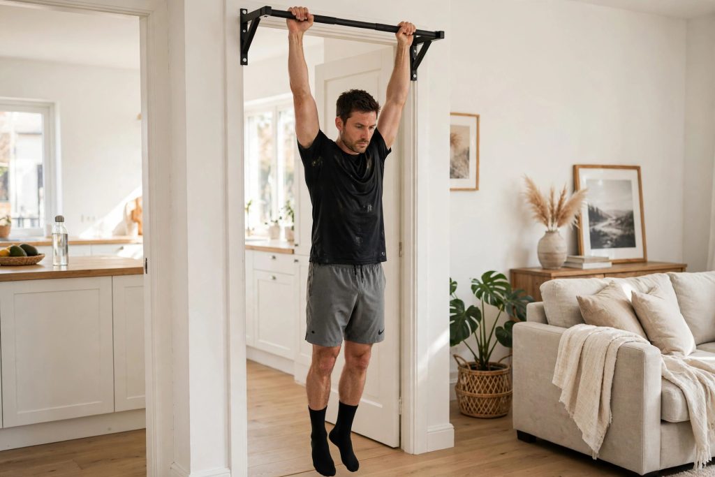 Man doing a pull-up on a doorway pull-up bar