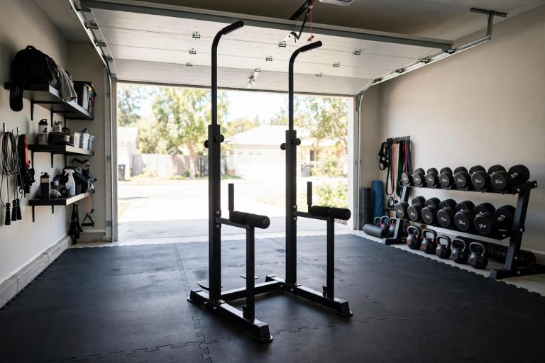 Dip station tower in a home garage gym