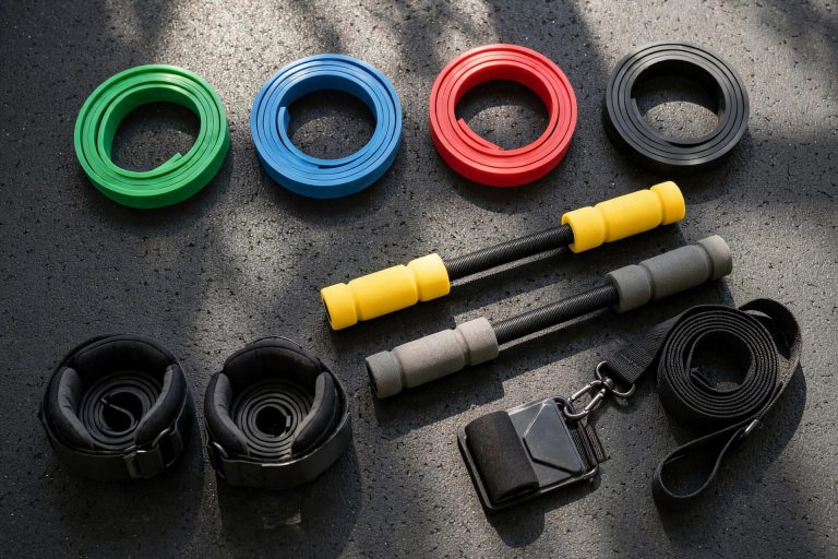 Resistance band sets laid out in a home gym