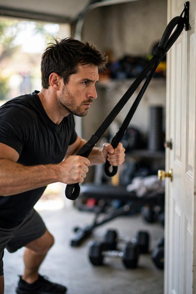 Athlete doing banded rows with resistance bands