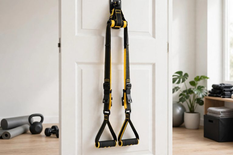 Person training with suspension straps anchored to a door
