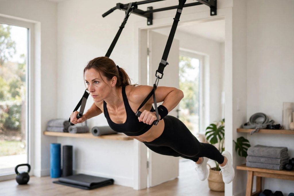 Suspension trainer straps with handles close-up
