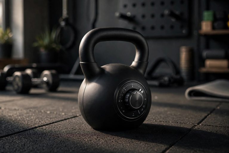 Adjustable kettlebell with dial weight selector on a gym floor