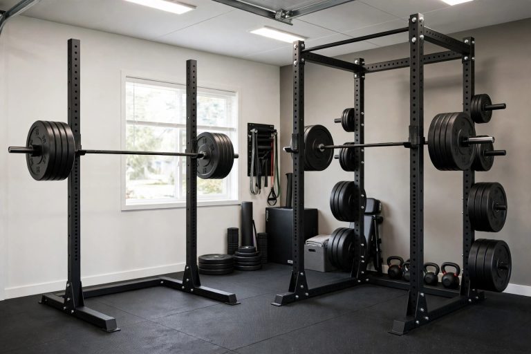 Squat stand and power rack side by side in a home gym