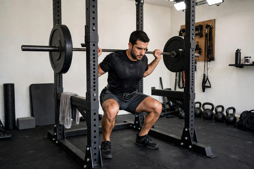 Barbell loaded on a power rack in a garage gym