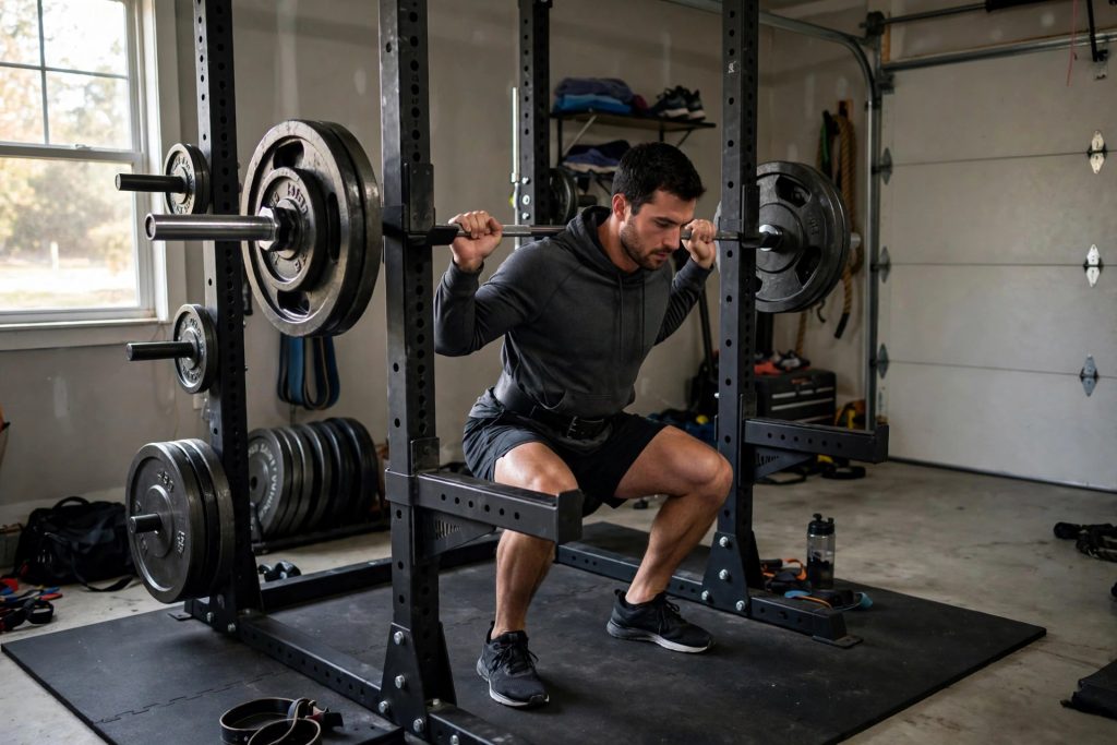 Athlete performing a barbell squat inside a power rack in a home gym